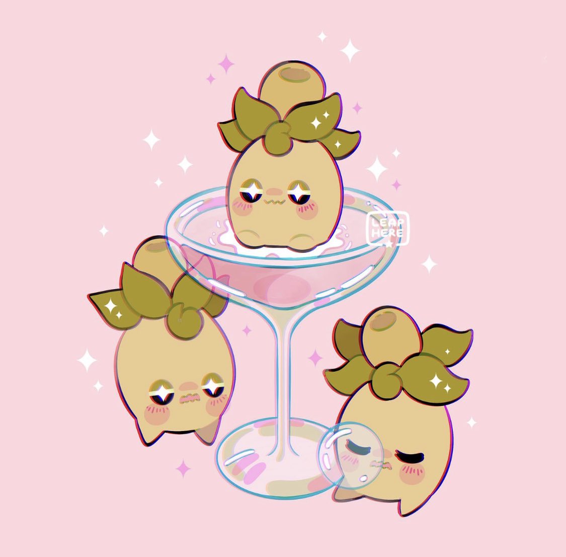 +_+ blush_stickers bubble closed_eyes commentary cup glass in_container in_cup leaphere no_humans open_mouth pink_background pokemon pokemon_(creature) sleeping smoliv sparkle star_(symbol) watermark wavy_mouth