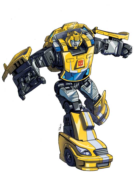 autobot blue_eyes bumblebee_(transformers) clenched_hand collaboration dan-the-artguy english_commentary horns mecha open_hand open_mouth science_fiction smile solo transformers white_background zeromayhem