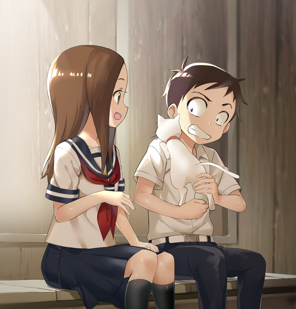 1boy 1girl animal belt black_hair brown_hair cat clenched_teeth karakai_jouzu_no_takagi-san kneehighs nishikata nyoro_(nyoronyoro000) open_mouth pants sailor_collar school_uniform serafuku shirt sideways_mouth sitting takagi-san teeth white_shirt