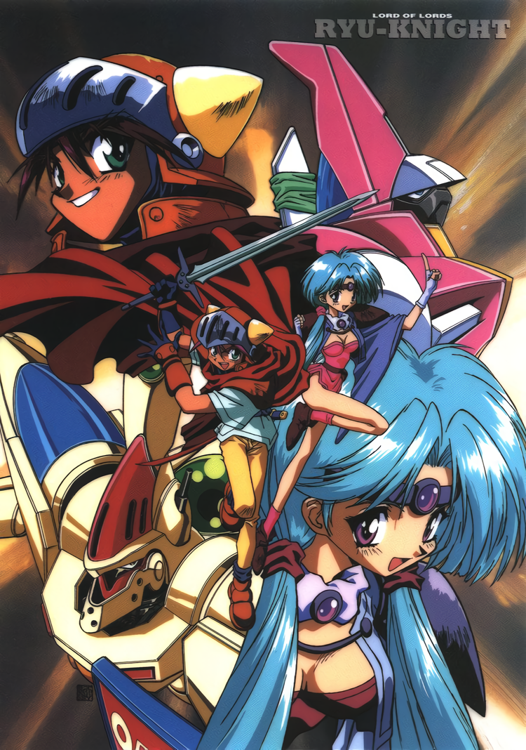 1990s_(style) 1boy 1girl adeu_warsam aqua_hair cape circlet copyright_name fingerless_gloves gloves grin haou_taikei_ryuu_knight helmet holding holding_sword holding_weapon index_finger_raised long_hair magidora mecha non-web_source official_art open_mouth paffy_pafuricia retro_artstyle smile sword violet_eyes weapon zephyr_(ryu_knight)