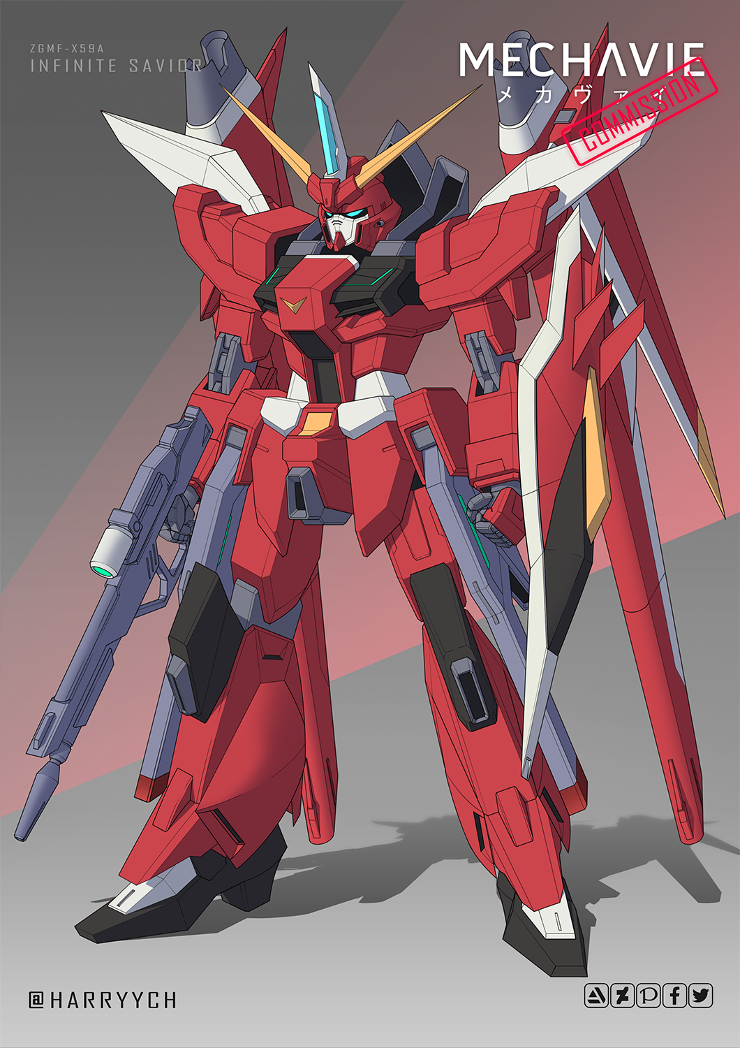 beam_rifle blue_eyes character_name clenched_hand commission energy_gun english_commentary fusion gun gundam gundam_seed gundam_seed_destiny harryych highres holding holding_gun holding_weapon infinite_justice_gundam mecha mobile_suit saviour_gundam science_fiction shield solo v-fin weapon