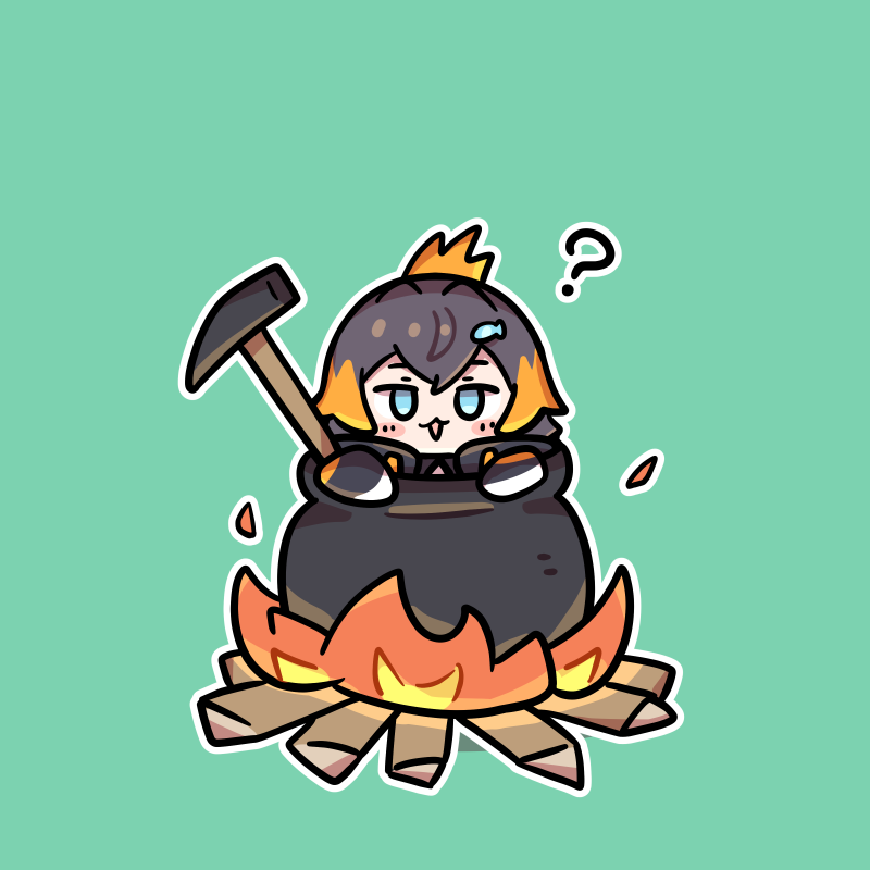 1girl ? bangs black_hair blonde_hair blue_eyes cauldron chibi fire green_background hammer in_cauldron looking_at_viewer multicolored_hair nijisanji nijisanji_en open_mouth petra_gurin pongari simple_background solo virtual_youtuber