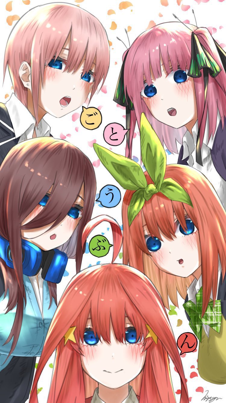 5girls bangs blue_eyes blush breasts brown_hair earphones eyebrows_behind_hair eyebrows_visible_through_hair go-toubun_no_hanayome hair_between_eyes hair_ornament hair_ribbon hairclip highres long_hair looking_at_viewer mitsugu multiple_girls nakano_ichika nakano_itsuki nakano_miku nakano_nino nakano_yotsuba open_mouth orange_hair pink_hair redhead ribbon school_uniform short_hair smile twintails upper_body