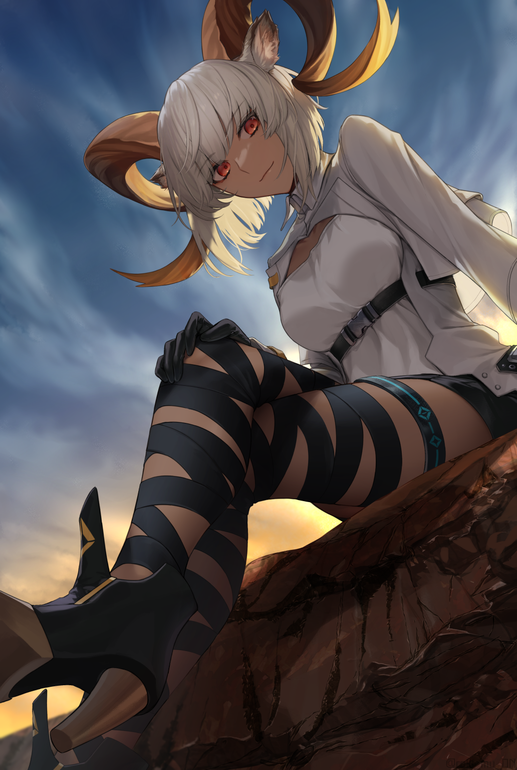 1girl animal_ears arknights arm_support bangs belt black_belt black_footwear black_gloves black_legwear black_ribbon black_shorts bob_cut brown_horns carnelian_(arknights) collared_jacket commentary_request crossed_legs curled_horns dirt eyebrows_visible_through_hair from_below gazelle_ears gazelle_horns gloves hand_on_own_knee high_heels highres horns infection_monitor_(arknights) jacket long_sleeves looking_at_viewer looking_down medium_hair on_ground open_clothes open_jacket outdoors red_eyes ribbon ribbon_legwear roki_(shouka65) shirt shorts sitting sky solo twilight white_hair white_jacket white_shirt white_sleeves wing_collar