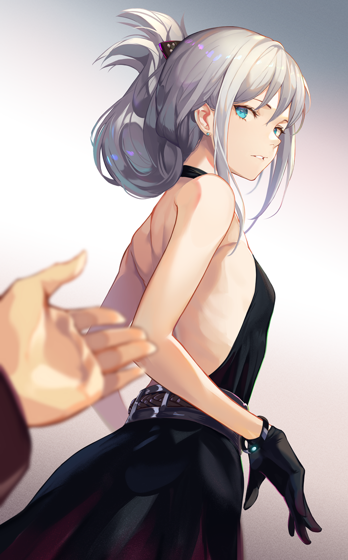 1girl an-94_(girls'_frontline) an-94_(silent_rouge)_(girls'_frontline) aqua_eyes backless_dress backless_outfit bare_back bare_shoulders black_dress black_gloves dress earrings english_commentary evening_gown flat_chest folded_ponytail from_behind girls_frontline gloves gradient gradient_background grey_background grey_hair hair_ornament hairclip halter_dress halterneck jewelry long_hair looking_at_viewer niac official_alternate_costume parted_lips pov pov_hands sidelocks solo
