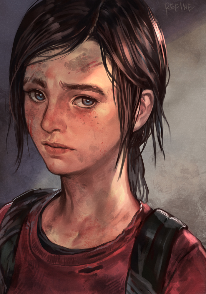 1girl backpack bag blue_eyes brown_hair closed_mouth ellie_(the_last_of_us) freckles hankuri lips looking_at_viewer red_shirt revision scar scar_on_face shirt solo the_last_of_us upper_body