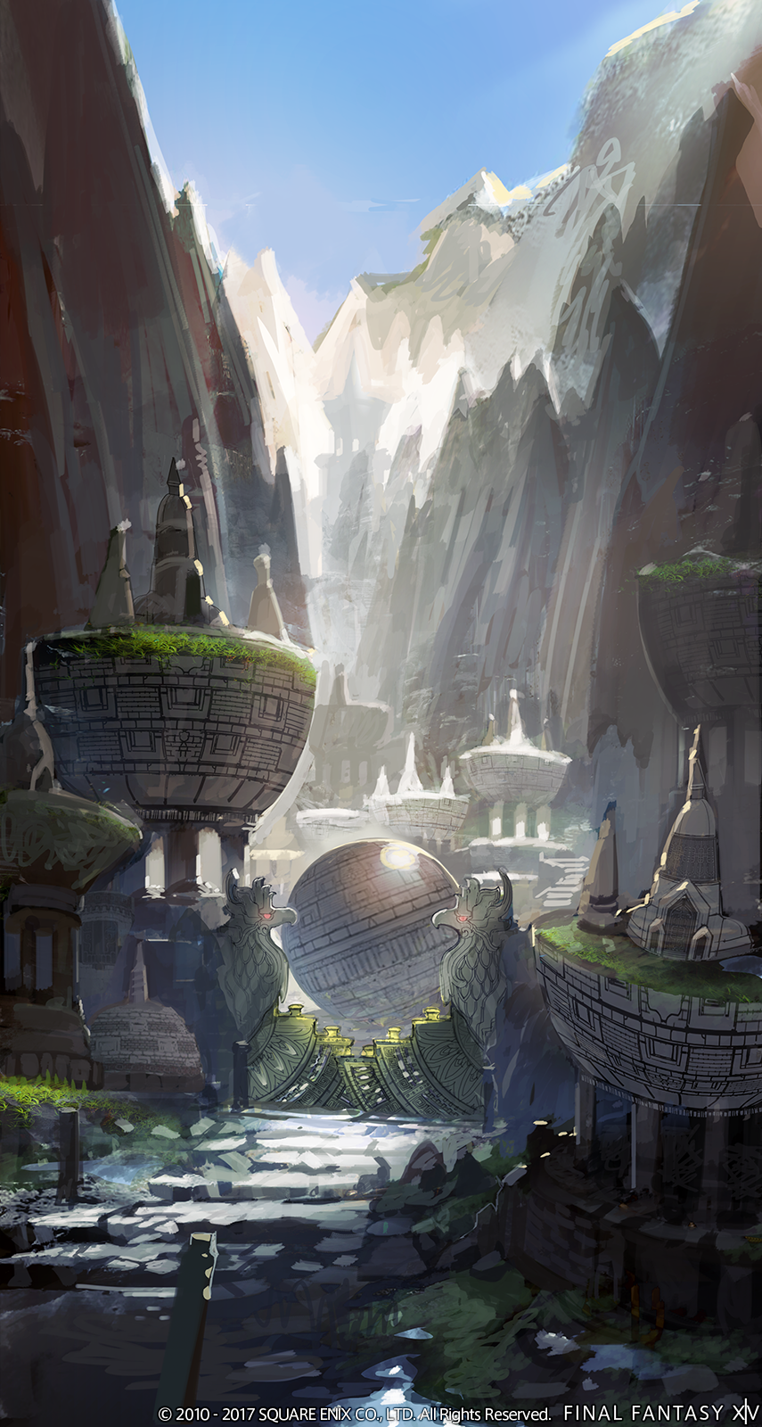 artist_request building copyright copyright_name day final_fantasy final_fantasy_xiv grass highres landscape mountain no_humans official_art orb outdoors pillar rock scenery water