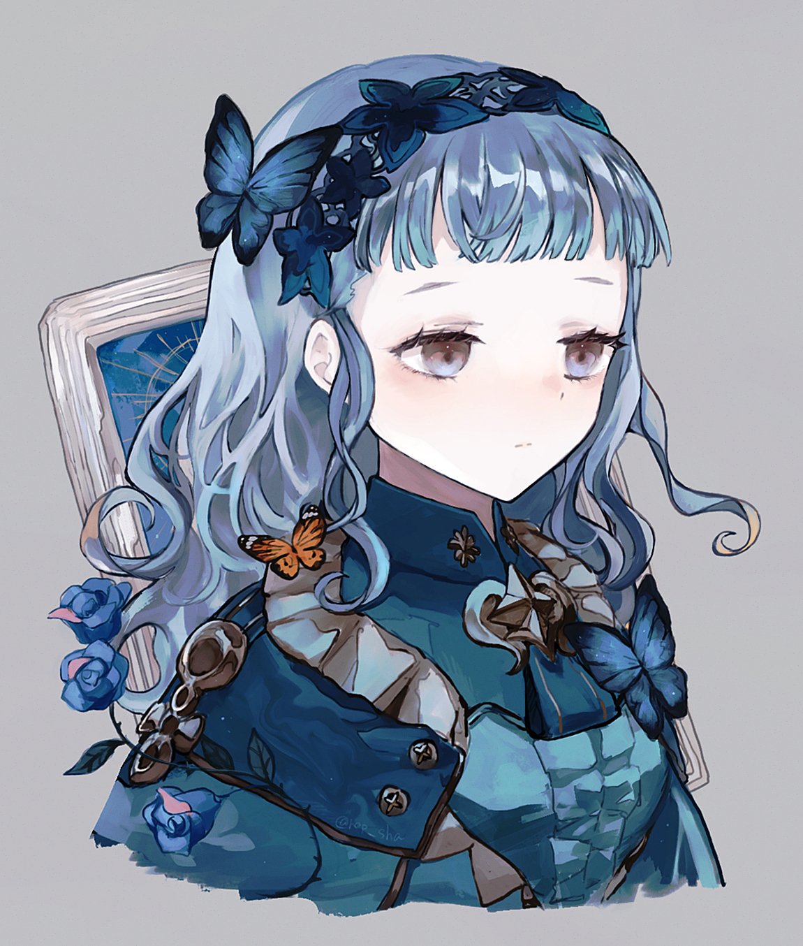 1girl bangs blue_eyes blue_hair brooch bug butterfly closed_mouth fire_emblem fire_emblem:_three_houses fire_emblem_warriors:_three_hopes frills hairband highres jewelry looking_to_the_side marianne_von_edmund repu_(rep_sha) solo upper_body