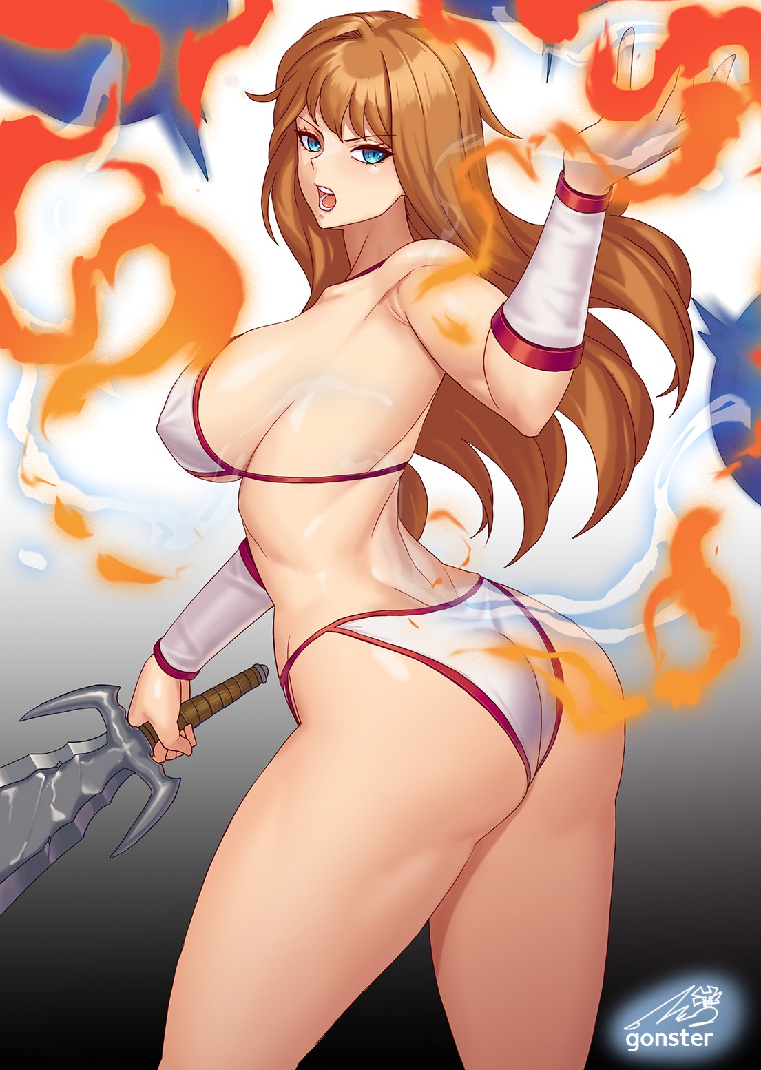 1girl amazon ass bikini blue_eyes breasts brown_hair fire golden_axe gonster highres holding holding_sword holding_weapon large_breasts long_hair looking_at_viewer magic muscular navel sideboob solo swimsuit sword tyris_flare warrior weapon white_bikini