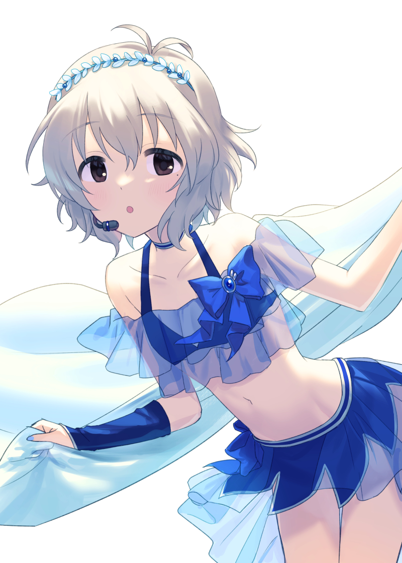 1girl :o antenna_hair bangs black_eyes blue_bow blue_bra blue_nails blue_skirt blue_sleeves bow bra brooch child choker collarbone commentary_request detached_sleeves eyebrows_visible_through_hair flat_chest frills grey_hair hair_ornament headset idolmaster idolmaster_cinderella_girls jewelry light_blush looking_at_viewer lunalight-dg mole mole_under_eye narumiya_yume navel see-through see-through_shirt short_hair sidelocks skirt solo stomach thighs underwear white_background