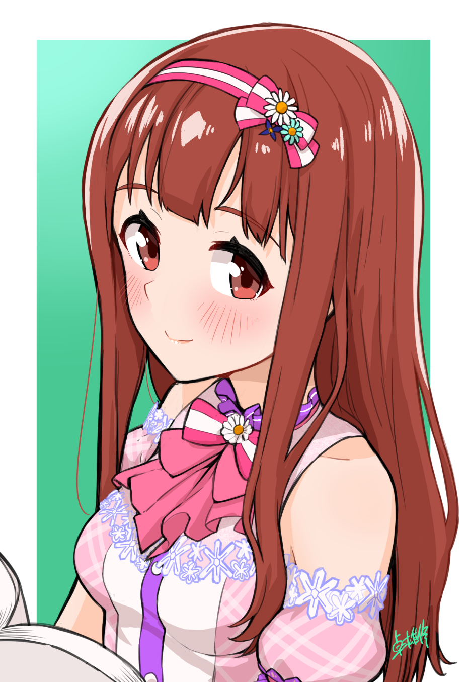 1girl bangs blush brown_eyes brown_hair eyebrows_visible_through_hair flower hair_flower hair_ornament hairband highres idolmaster idolmaster_million_live! idolmaster_million_live!_theater_days long_hair looking_at_viewer smile solo takuji_yuusaku tanaka_kotoha