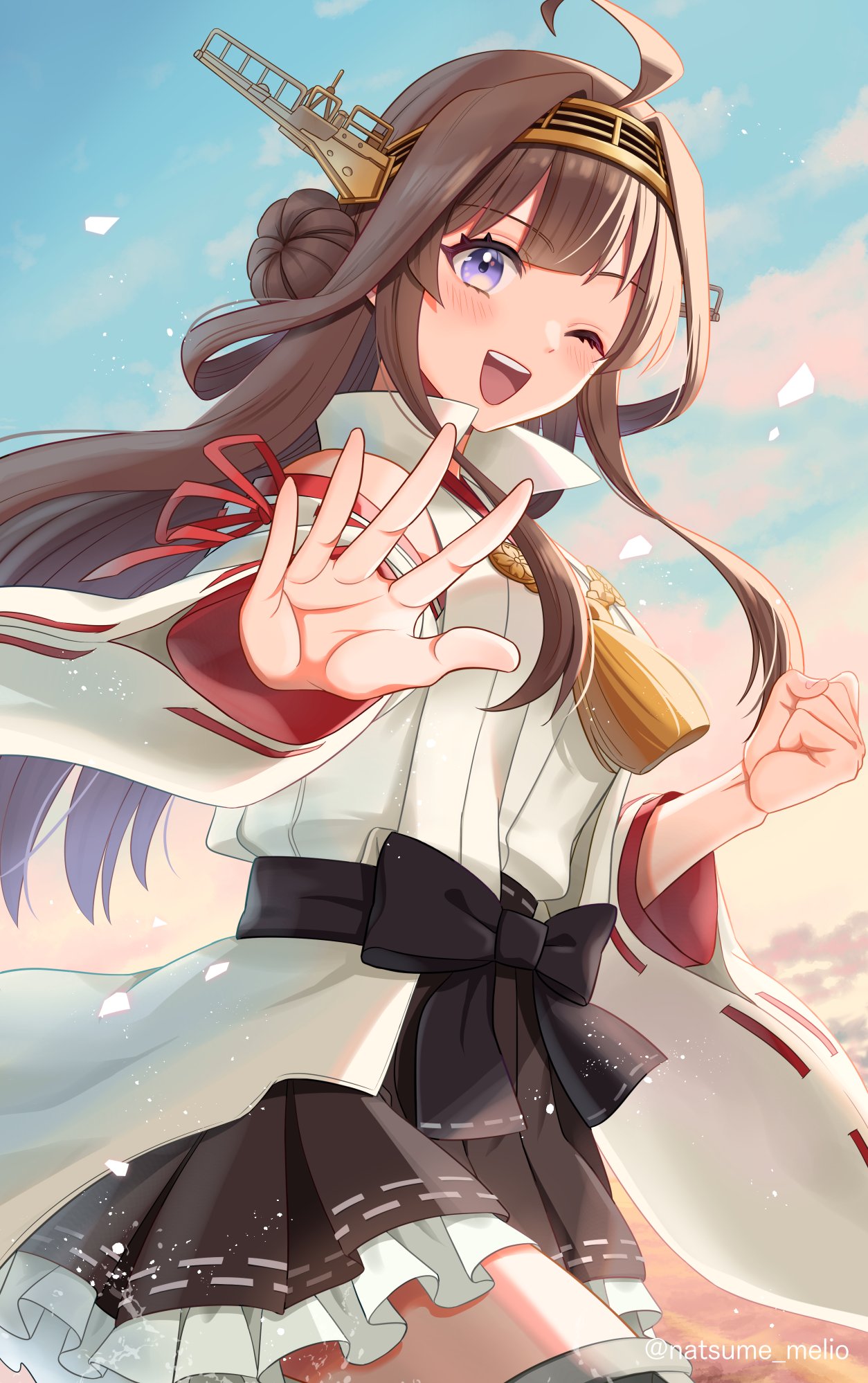 1girl ahoge blue_sky boots brown_hair clouds cloudy_sky day detached_sleeves double_bun hair_bun hairband hakama hakama_short_skirt hakama_skirt headgear highres japanese_clothes kantai_collection kongou_(kancolle) kongou_kai_ni_(kancolle) long_hair looking_at_viewer natsume_(natsume_melio) nontraditional_miko one_eye_closed open_mouth outdoors petals popped_collar ribbon-trimmed_sleeves ribbon_trim skirt sky smile solo thigh_boots twitter_username violet_eyes