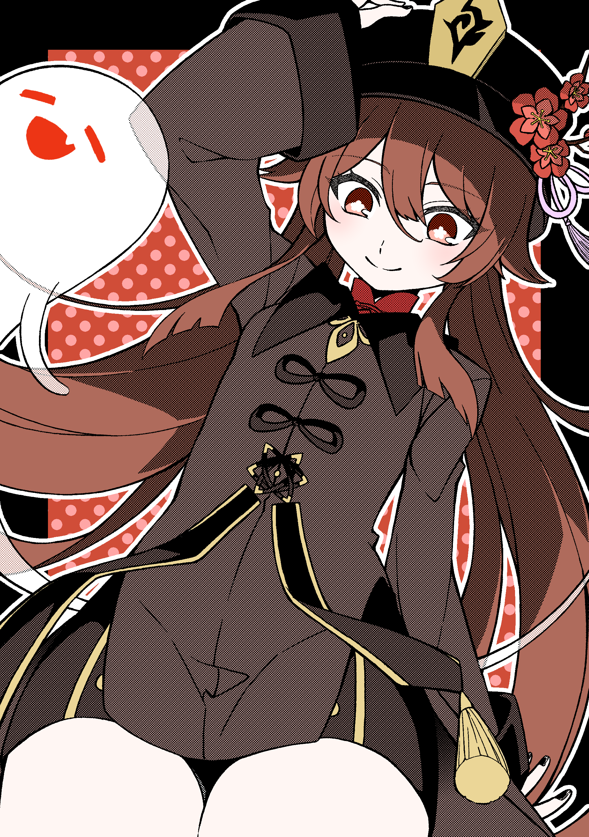 1girl absurdres blush brown_hair chinese_clothes coat eyebrows_visible_through_hair flat_chest flower flower-shaped_pupils genshin_impact ghost hat highres hu_tao_(genshin_impact) long_hair ngr_a_00 porkpie_hat red_eyes symbol-shaped_pupils thighs twintails