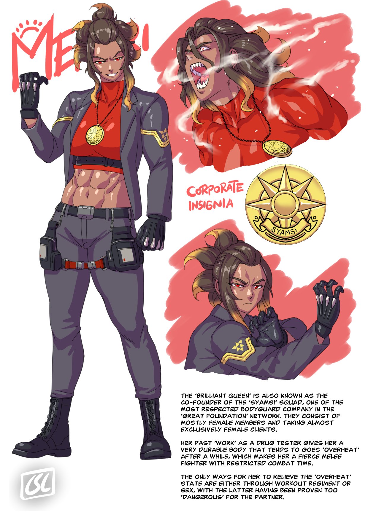 abs biceps character_sheet dark_skin english_text fighting_stance gloves highres jacket jewelry long_hair mentari_(phoebus_art) midriff multicolored_hair muscular muscular_female necklace original phoebus_art pose pouch red_eyes sharp_teeth teeth