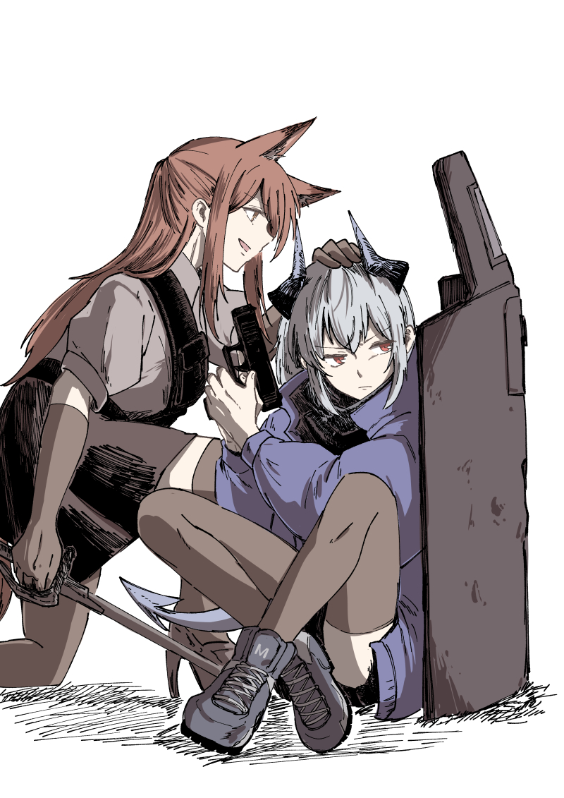 2girls animal_ear_fluff animal_ears arknights black_footwear black_skirt blue_coat brown_eyes brown_gloves brown_hair brown_legwear coat dragon_girl dragon_horns dragon_tail elbow_gloves eyebrows_visible_through_hair fox_ears franka_(arknights) full_body gloves grey_hair grey_shirt gun hand_on_another's_head haruichi_(sazanami_complex) high-waist_skirt holding holding_gun holding_sword holding_weapon horns knees_up liskarm_(arknights) long_hair long_sleeves multiple_girls one_knee open_clothes open_coat open_mouth puffy_long_sleeves puffy_sleeves red_eyes riot_shield seiza shield shirt shoes short_hair short_ponytail short_sleeves simple_background sitting skirt sneakers sword tail thigh-highs trigger_discipline v-shaped_eyebrows weapon white_background