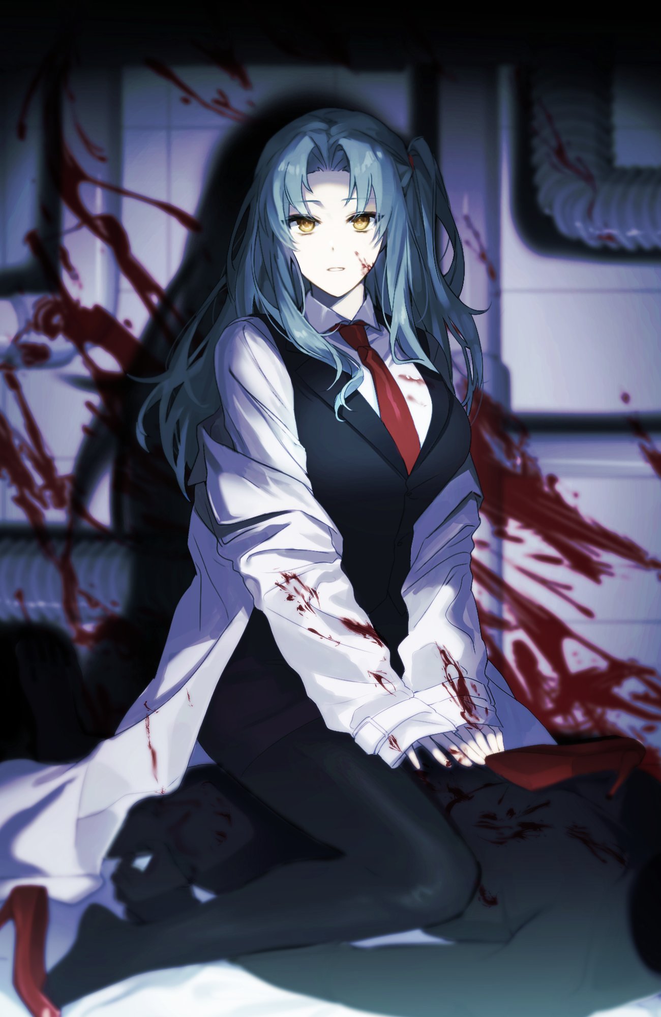 1girl angela_(project_moon) ap5ry black_vest blood blood_on_chest blood_on_wall blue_hair breasts high_heels highres large_breasts lobotomy_corporation long_hair long_sleeves necktie pantyhose project_moon red_footwear red_necktie shirt vest white_shirt yellow_eyes