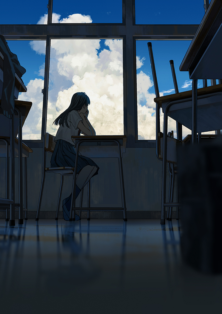 1girl amemura_(caramelo) black_hair blue_skirt blue_sky chair clouds desk facing_away hands_up head_rest indoors long_hair medium_skirt original school school_chair school_desk school_uniform shirt shoes short_sleeves sitting skirt sky solo white_shirt window