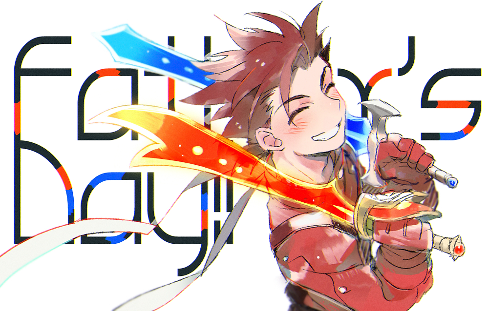 1boy background_text blush brown_hair closed_eyes father's_day gloves gotou_(pixiv37128) grin holding holding_sword holding_weapon jacket lloyd_irving looking_at_viewer male_focus red_gloves red_jacket simple_background smile solo spiky_hair sword tales_of_(series) tales_of_symphonia upper_body weapon white_background
