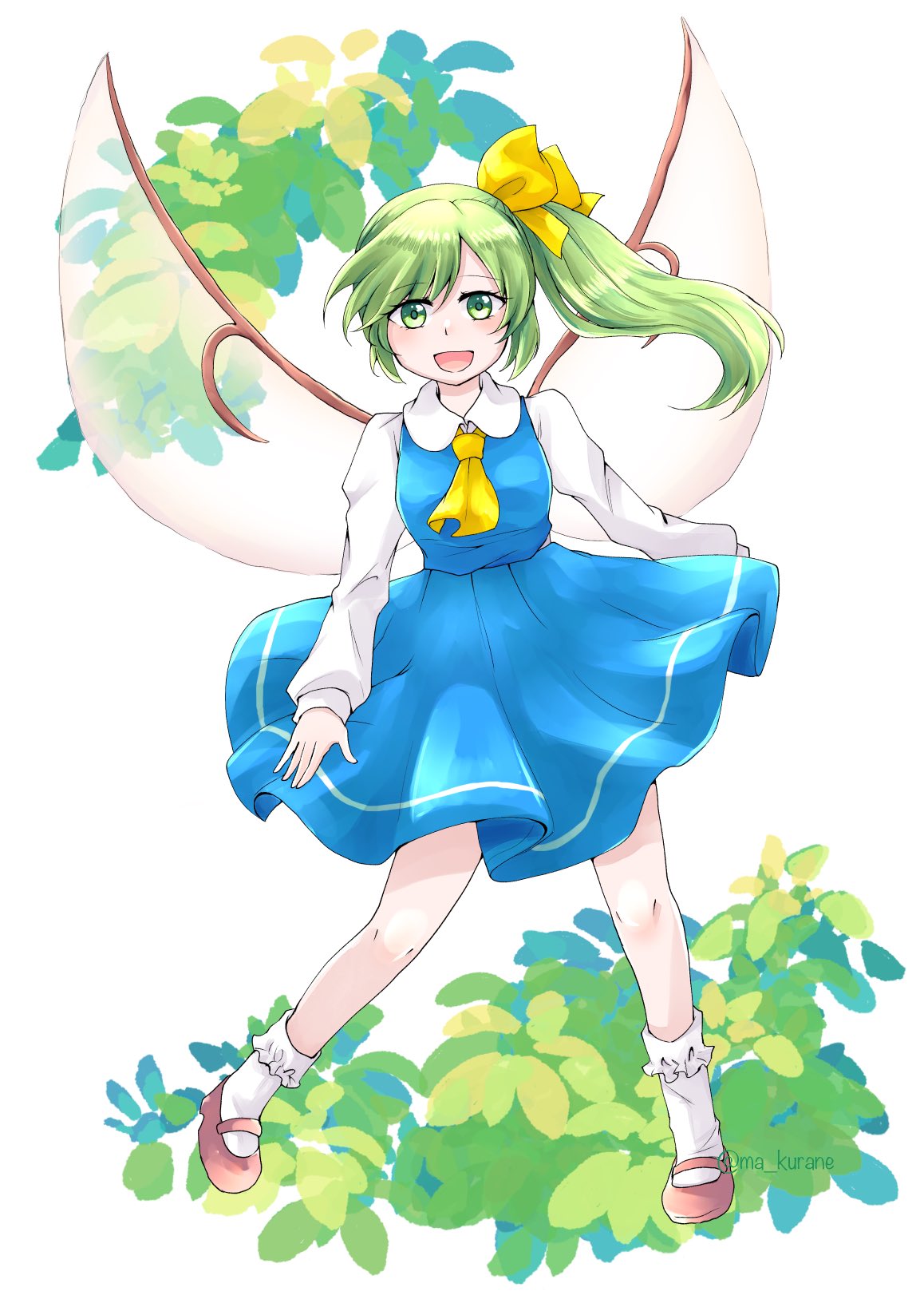 1girl ascot blue_skirt blue_vest blush bobby_socks breasts collared_shirt commentary_request daiyousei fairy fairy_wings full_body green_eyes green_hair hair_ribbon hajimakura happy highres looking_at_viewer mary_janes medium_breasts medium_hair open_mouth puffy_short_sleeves puffy_sleeves red_footwear ribbon shirt shoes short_sleeves side_ponytail skirt socks solo standing touhou vest white_legwear white_shirt wings yellow_ascot yellow_ribbon