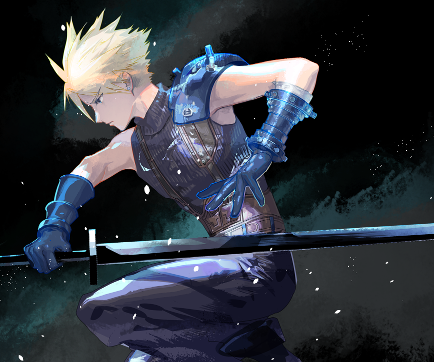 1boy armor bandaged_arm bandages bare_shoulders black_gloves blonde_hair blue_eyes blue_gloves closed_mouth cloud_strife cofffee dust dust_cloud earrings eyebrows_visible_through_hair final_fantasy final_fantasy_vii frown gloves holding holding_sword holding_weapon jewelry male_focus original pauldrons screw serious shoulder_armor single_bare_shoulder single_earring single_pauldron solo spiky_hair stud_earrings sword vambraces weapon