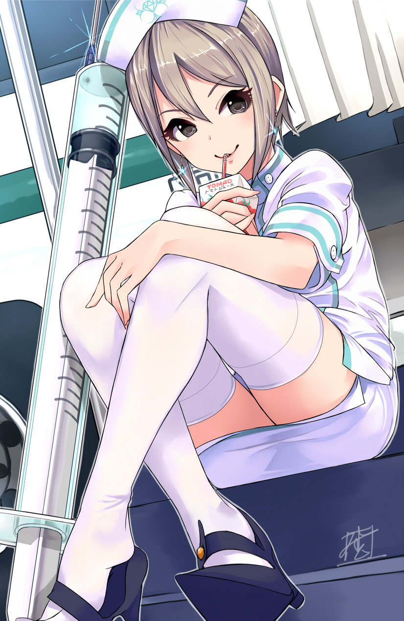 1girl bangs black_eyes black_footwear buttons commentary_request couch dress drinking_straw earrings eyelashes grey_hair hand_on_own_knee hat high_heels highres idolmaster idolmaster_cinderella_girls indoors jewelry juice_box legs looking_at_viewer mistrail nurse nurse_cap shiomi_syuko short_hair short_sleeves sidelocks signature sitting smile solo sparkle syringe thigh-highs thighs tomato_juice white_dress white_headwear white_legwear