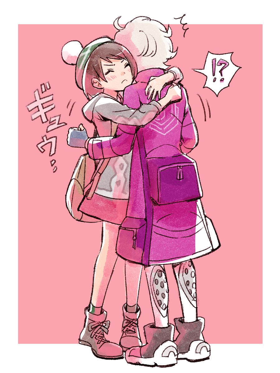 !? 1boy 1girl backpack bag bede_(pokemon) blush cardigan closed_eyes coat collared_dress doromame dress gloria_(pokemon) grey_cardigan hat highres hug long_sleeves pink_background pokemon pokemon_(game) pokemon_swsh tam_o'_shanter v-shaped_eyebrows