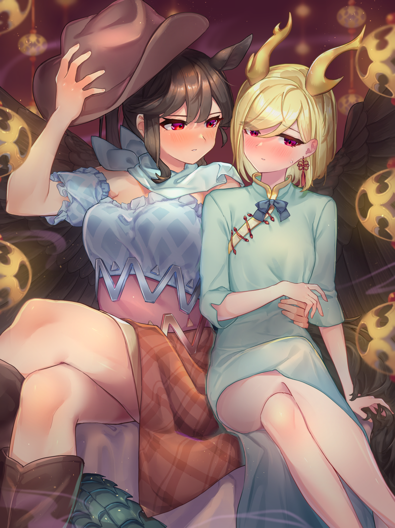 2girls animal_ears arm_around_waist black_hair black_wings blonde_hair boots bow bowtie breasts china_dress chinese_clothes cowboy_hat dragon_girl dragon_horns dragon_tail dress earrings embarrassed hat hat_removed headwear_removed holding holding_clothes holding_hat horns horse_ears horse_girl jewelry kicchou_yachie kurokoma_saki light_blush long_hair looking_at_another looking_to_the_side medium_breasts medium_hair morioka_wankosoba multiple_girls red_eyes scarf skirt tail teeth thighs touhou wings yuri