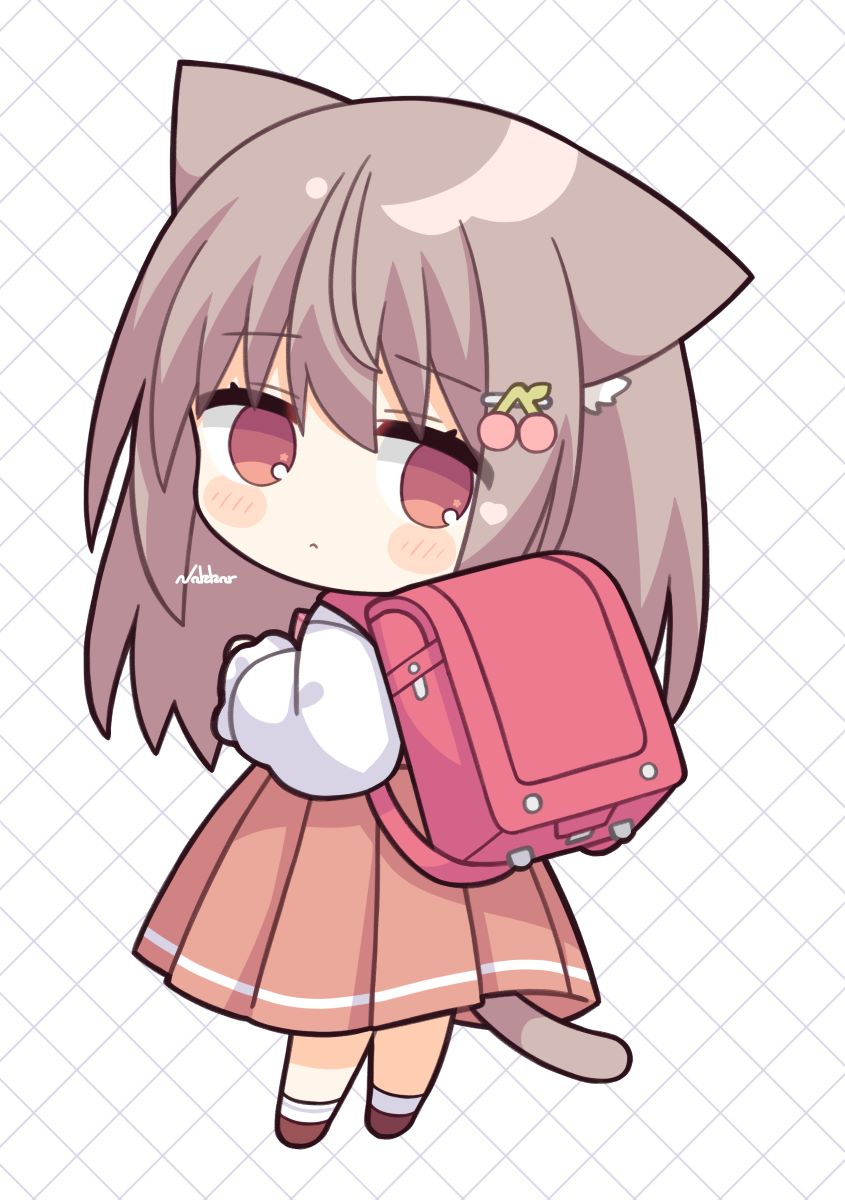 1girl :&lt; animal_ear_fluff animal_ears backpack bag bangs blush_stickers brown_eyes brown_footwear brown_hair brown_skirt cat_ears cat_girl cat_tail cherry_hair_ornament chibi closed_mouth commentary_request eyebrows_visible_through_hair food-themed_hair_ornament from_behind full_body hair_between_eyes hair_ornament hairclip highres long_hair long_sleeves looking_at_viewer looking_back nakkar original pleated_skirt puffy_long_sleeves puffy_sleeves randoseru shirt shoes signature skirt sleeves_past_wrists socks solo tail very_long_hair watermark white_background white_legwear white_shirt