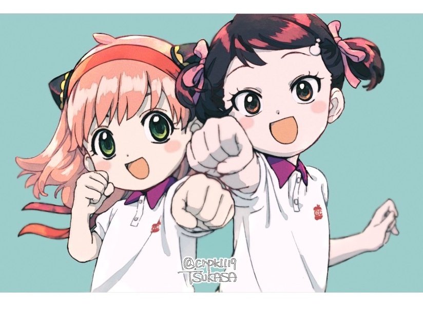 2girls anya_(spy_x_family) becky_blackbell black_hair blue_background blush bow child clenched_hand clenched_hands commentary_request crpk1119 female_child green_eyes gym_uniform hair_bow hair_ornament hairpods headband looking_at_viewer multiple_girls open_mouth outstretched_arm pink_bow pink_hair red_headband shirt short_sleeves short_twintails smile spy_x_family twintails twitter_username white_shirt