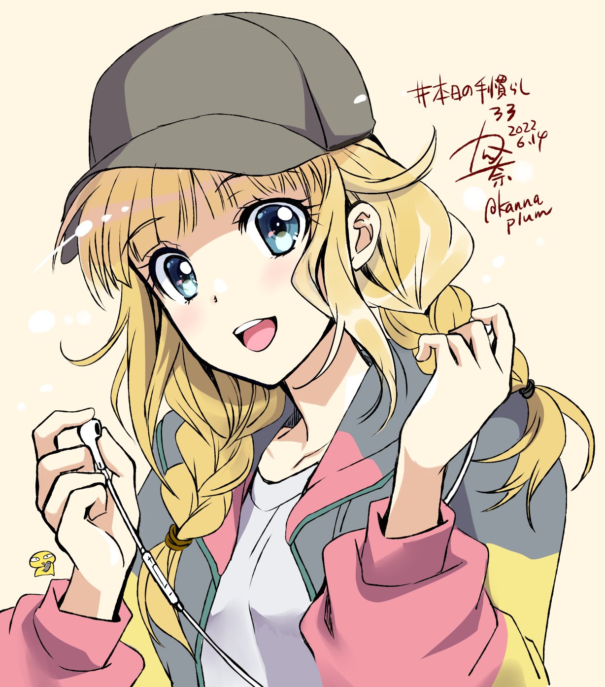 1girl 2022 bangs baseball_cap black_headwear blonde_hair blue_eyes blunt_bangs braid breasts dated earphones earphones hat headphones highres jacket kanna_(plum) long_hair long_sleeves looking_at_viewer medium_breasts multicolored_clothes multicolored_jacket numbered open_clothes open_jacket open_mouth painttool_sai_(medium) paripi_koumei shirt smile solo tsukimi_eiko twin_braids twitter_username white_shirt