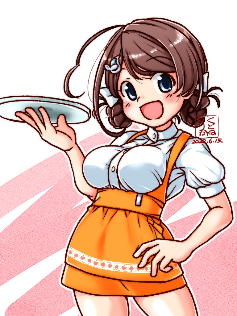 1girl ahoge alternate_costume anna_miller apron artist_logo braid breasts brown_hair chougei_(kancolle) commentary_request cowboy_shot dated grey_eyes hair_rings hand_on_hip kantai_collection kutone_shirika large_breasts long_hair looking_at_viewer name_tag orange_apron orange_skirt puffy_sleeves shirt short_sleeves skirt smile solo tray twin_braids waitress white_shirt