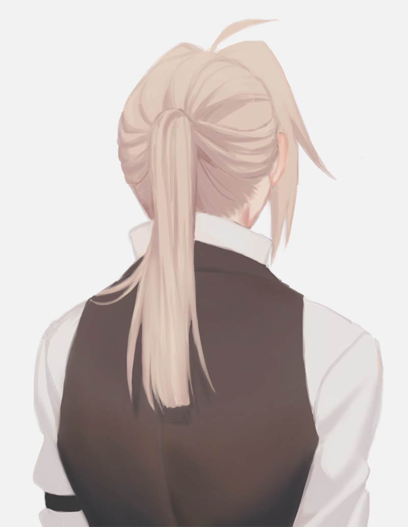 1boy ahoge arm_strap arms_at_sides black_vest blonde_hair blunt_ends cbow collared_shirt edward_elric facing_away from_behind fullmetal_alchemist long_hair long_sleeves male_focus ponytail shirt simple_background solo upper_body vest white_background white_shirt