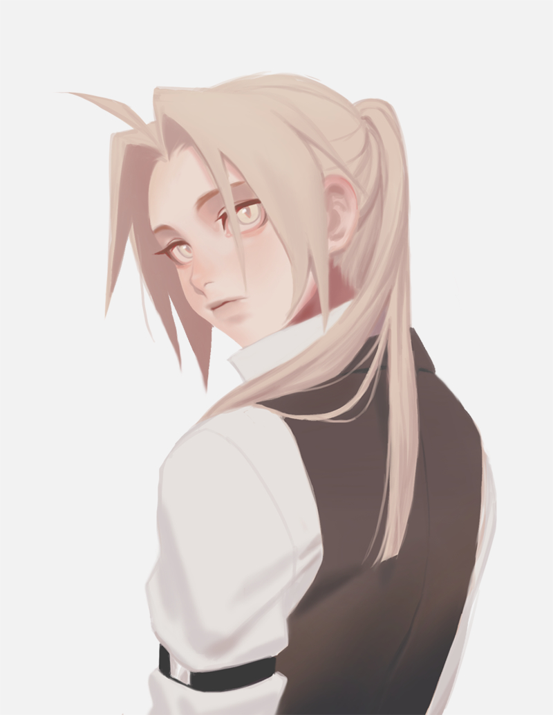 1boy ahoge arm_strap arms_at_sides bags_under_eyes bangs black_vest blonde_hair cbow collared_shirt edward_elric from_behind fullmetal_alchemist hair_over_one_eye hair_over_shoulder long_hair long_sleeves looking_at_viewer looking_back male_focus parted_bangs ponytail shirt simple_background solo upper_body vest white_background white_shirt yellow_eyes