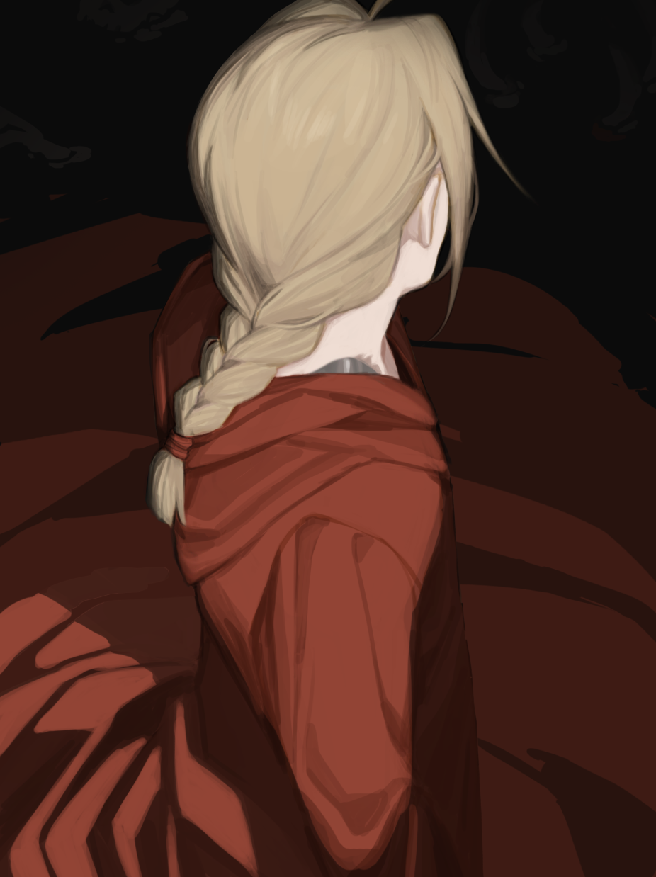 1boy automail black_background blonde_hair braid braided_ponytail cbow coat edward_elric facing_away from_above from_side fullmetal_alchemist highres hood hood_down hooded_coat long_hair long_sleeves male_focus red_coat simple_background single_braid solo standing upper_body