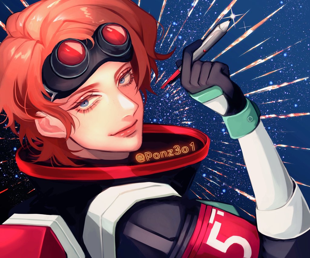 1girl apex_legends black_gloves blue_eyes from_side gloves goggles goggles_on_head holding holding_pen horizon_(apex_legends) looking_at_viewer orange_hair pen portrait smile solo space spacesuit sparkle tama_(ponz3o1)