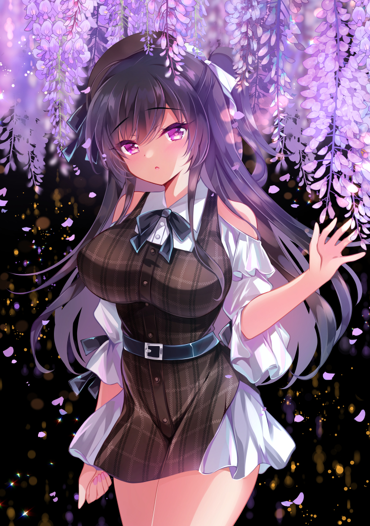 1girl bangs bare_shoulders belt belt_buckle black_belt black_bow blush bow breasts brown_dress brown_headwear buckle clothing_cutout collared_shirt commentary_request dress dress_shirt eyebrows_visible_through_hair flower hair_between_eyes hair_bow hand_up ichiyou_moka large_breasts long_hair original parted_lips petals plaid plaid_dress ponytail puffy_short_sleeves puffy_sleeves purple_flower purple_hair shirt short_sleeves shoulder_cutout sleeveless sleeveless_dress solo takanashi_iori_(ichiyou_moka) tilted_headwear very_long_hair violet_eyes white_bow white_shirt wisteria