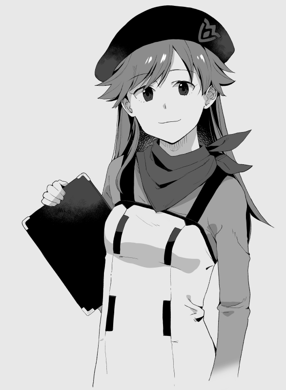 1girl bangs banned_artist beret breasts clipboard closed_mouth cropped_legs evangelion:_3.0_you_can_(not)_redo eyebrows_visible_through_hair greyscale hat holding holding_clipboard long_hair looking_at_viewer makio_(makiomeigenbot) monochrome neon_genesis_evangelion rebuild_of_evangelion simple_background small_breasts solo suzuhara_sakura