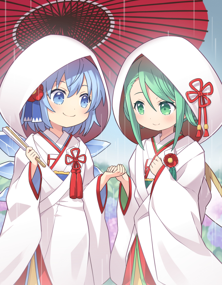 2girls alternate_costume bangs blue_eyes blue_hair cirno closed_mouth commission cowboy_shot daiyousei dress fairy_wings flower green_eyes green_hair hair_flower hair_ornament holding_hands ice ice_wings japanese_clothes kimono long_sleeves looking_at_another multiple_girls red_flower red_umbrella short_hair skeb_commission smile standing toto_nemigi touhou uchikake umbrella wedding_dress white_kimono wide_sleeves wings