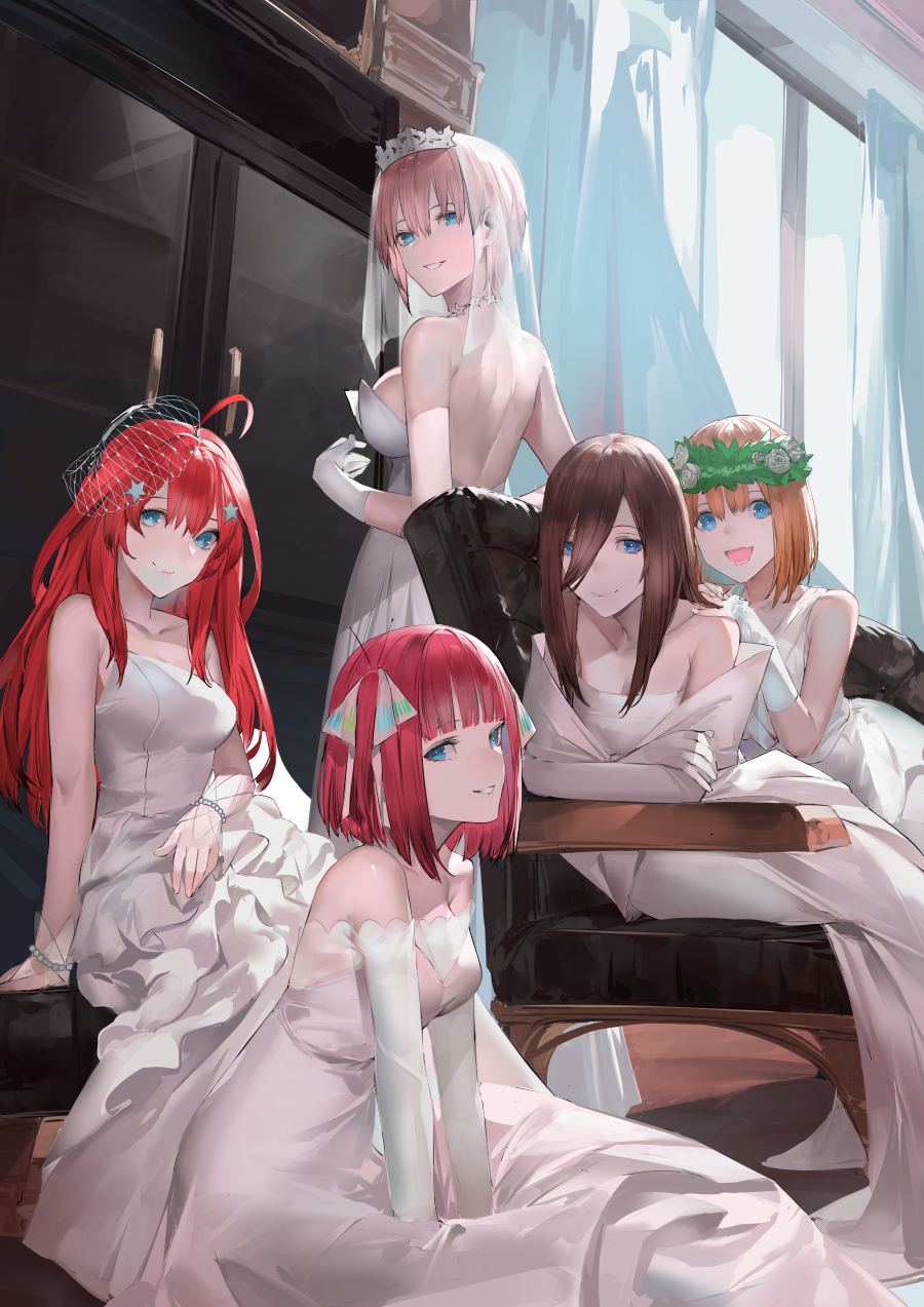 5girls arm_support backless_dress backless_outfit bangle bangs bare_arms bare_back bare_shoulders between_legs blazpu blue_eyes blunt_bangs blush bob_cut bracelet breasts brown_hair collarbone cupboard curtains dress elbow_gloves eyebrows_visible_through_hair flower_wreath gloves go-toubun_no_hanayome grin hair_between_eyes hair_net hair_ornament hair_ribbon hand_between_legs hand_on_another's_shoulder highres indoors jewelry large_breasts leaning_forward long_dress long_hair looking_at_viewer medium_breasts multiple_girls nakano_ichika nakano_itsuki nakano_miku nakano_nino nakano_yotsuba necklace off-shoulder_dress off_shoulder on_chair open_mouth orange_hair parted_lips pink_hair redhead ribbon short_hair sitting sleeveless sleeveless_dress smile star_(symbol) star_hair_ornament strapless strapless_dress tiara wedding_dress white_dress white_gloves wreath