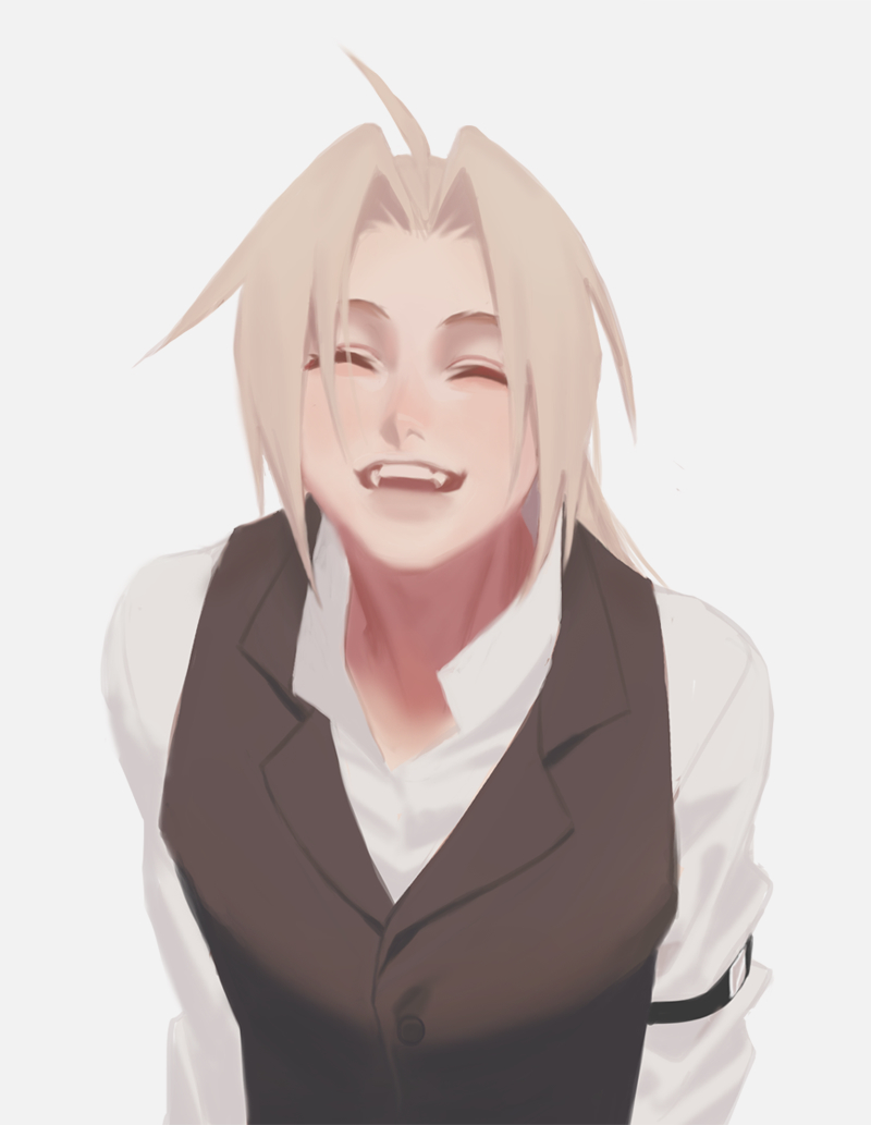 1boy ^_^ ahoge arm_strap arms_at_sides bangs black_vest blonde_hair cbow closed_eyes collared_shirt dress_shirt edward_elric facing_viewer fullmetal_alchemist happy laughing long_hair long_sleeves male_focus open_mouth parted_bangs ponytail popped_collar shirt simple_background solo teeth upper_body vest white_background white_shirt