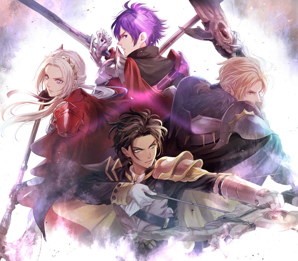 1girl alternate_costume alternate_hairstyle armor axe bangs blonde_hair blue_eyes brown_hair cape claude_von_riegan closed_mouth dark-skinned_male dark_skin dimitri_alexandre_blaiddyd edelgard_von_hresvelg fire_emblem fire_emblem:_three_houses fire_emblem_warriors:_three_hopes gloves green_eyes hair_ornament hair_over_one_eye hair_ribbon holding lance long_hair long_sleeves looking_at_viewer medium_hair multiple_boys official_alternate_costume official_alternate_hairstyle polearm purple_hair red_cape ribbon saku_(soreca49) shez_(fire_emblem) shez_(fire_emblem)_(male) short_hair simple_background sword violet_eyes weapon white_hair