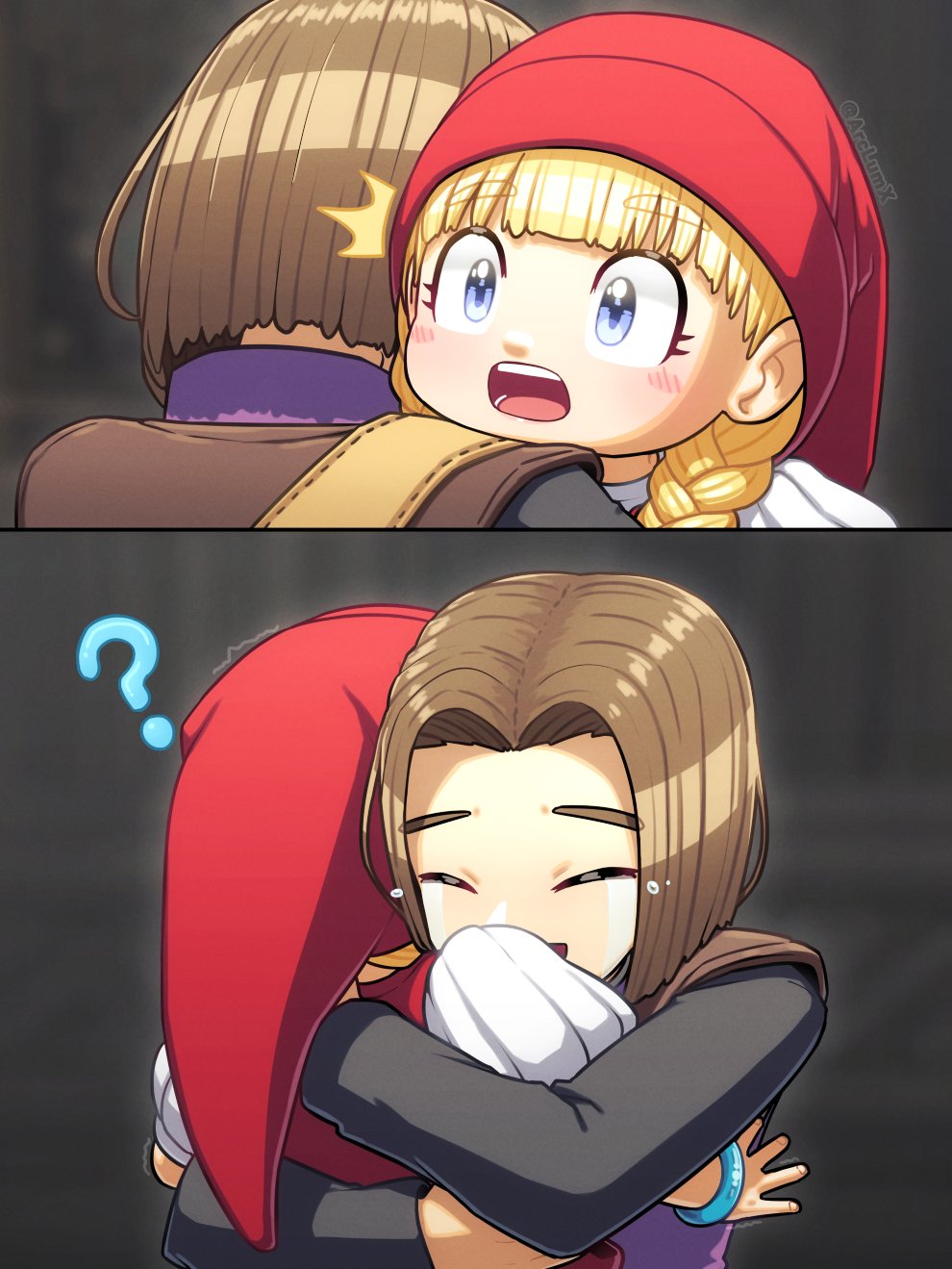 1boy 1girl arclumx bangs blonde_hair blue_eyes blush braid dragon_quest dragon_quest_xi dress earrings hair_over_shoulder hat hero_(dq11) highres hug jewelry long_hair open_mouth red_headwear simple_background smile tears twin_braids veronica_(dq11)