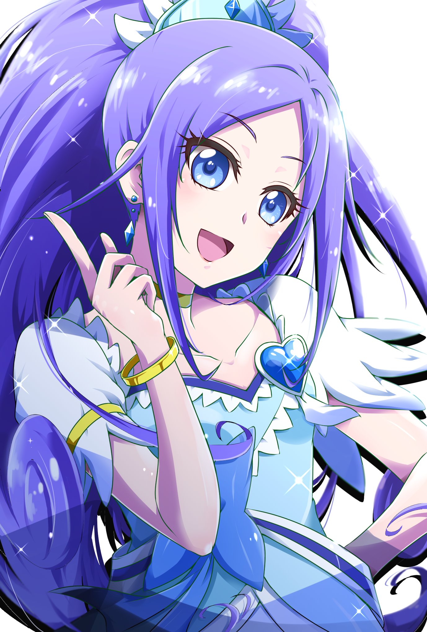 1girl blue_dress blue_eyes bracelet brooch choker collarbone crystal_earrings cure_diamond dokidoki!_precure dress earrings forehead hair_ornament hand_on_hip heart_brooch highres hishikawa_rikka jewelry looking_at_viewer nita_(onakatohoppe) open_mouth precure puffy_short_sleeves puffy_sleeves purple_hair ribbon sash shirt short_sleeves simple_background solo tiara upper_body white_shirt yellow_choker