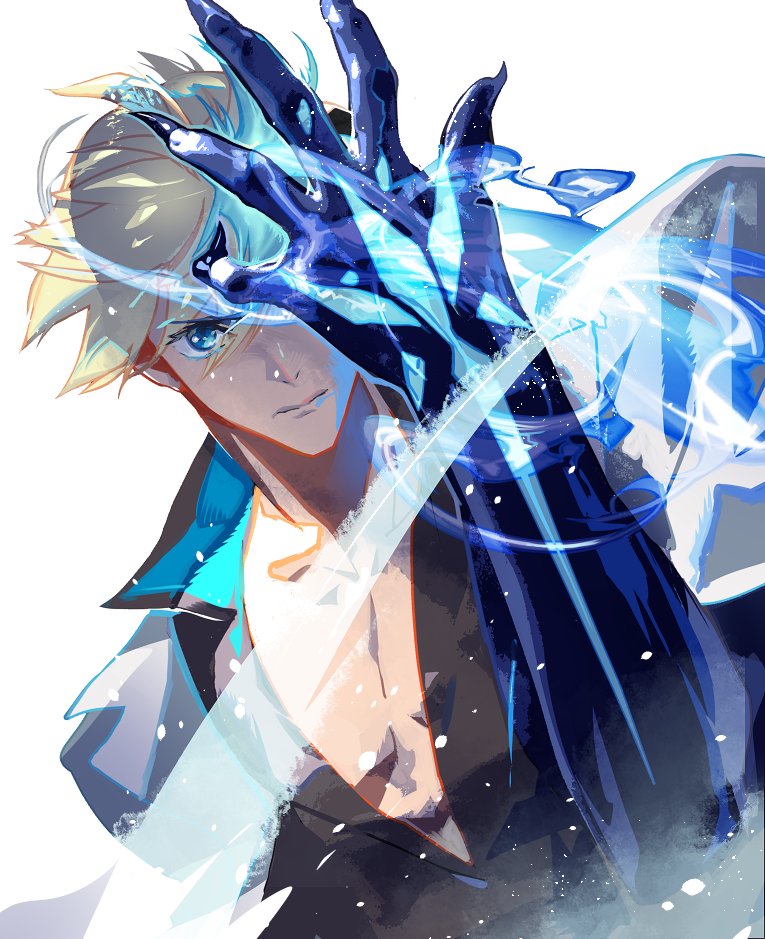 1boy aura bare_pectorals black_nails blonde_hair blue_eyes blue_skin claws cofffee collarbone colored_skin dragon_install dutch_angle eyebrows_visible_through_hair eyes_visible_through_hair fingernails glowing glowing_arm grey_background guilty_gear guilty_gear_strive ky_kiske long_fingernails looking_at_viewer male_focus pectorals sharp_fingernails simple_background solo v_neck