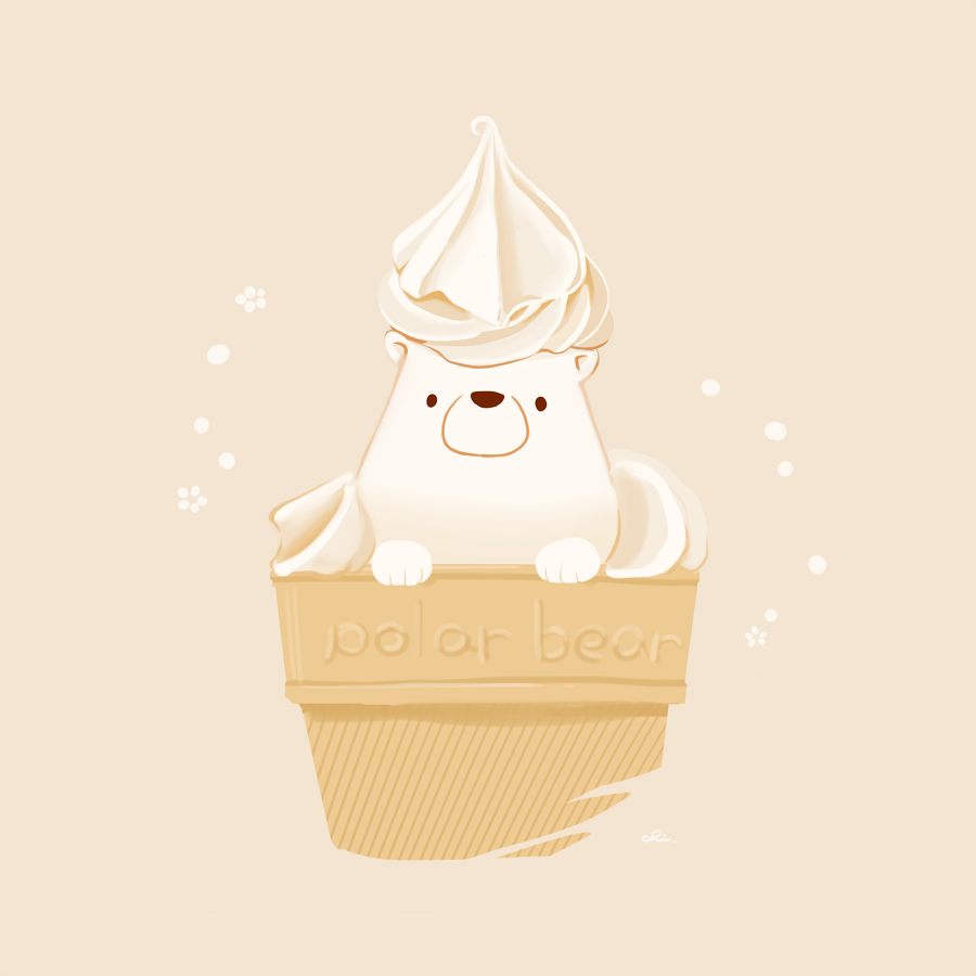 animal bear chai_(drawingchisanne) commentary_request english_text food food_focus food_on_head food_writing ice_cream ice_cream_cone in_food looking_at_viewer no_humans object_on_head original polar_bear signature simple_background soft_serve undersized_animal