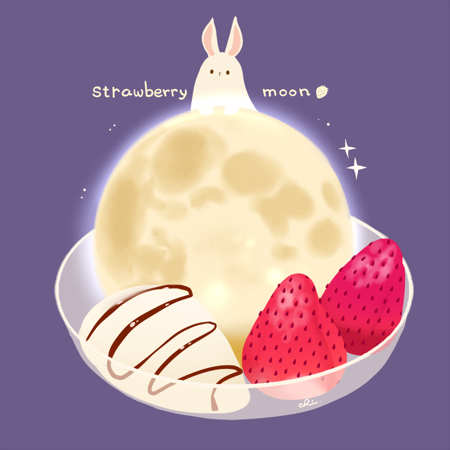 animal chai_(drawingchisanne) chocolate_syrup commentary_request english_text food food_focus fruit glass glass_bowl ice_cream looking_at_viewer moon no_humans original rabbit signature simple_background sparkle strawberry undersized_animal