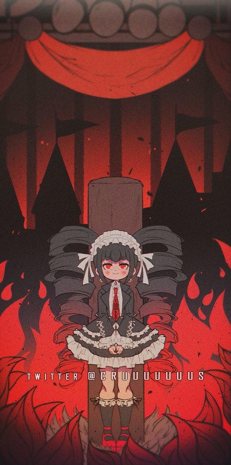 1girl bangs black_background black_eyes black_hair black_legwear bonnet celestia_ludenberg criis-chan danganronpa:_trigger_happy_havoc danganronpa_(series) drill_hair frilled_jacket frilled_skirt frills gothic_lolita jacket kneehighs lolita_fashion long_hair long_sleeves looking_at_viewer necktie own_hands_together red_background red_eyes red_footwear shoes skirt smile solo spoilers twin_drills twintails