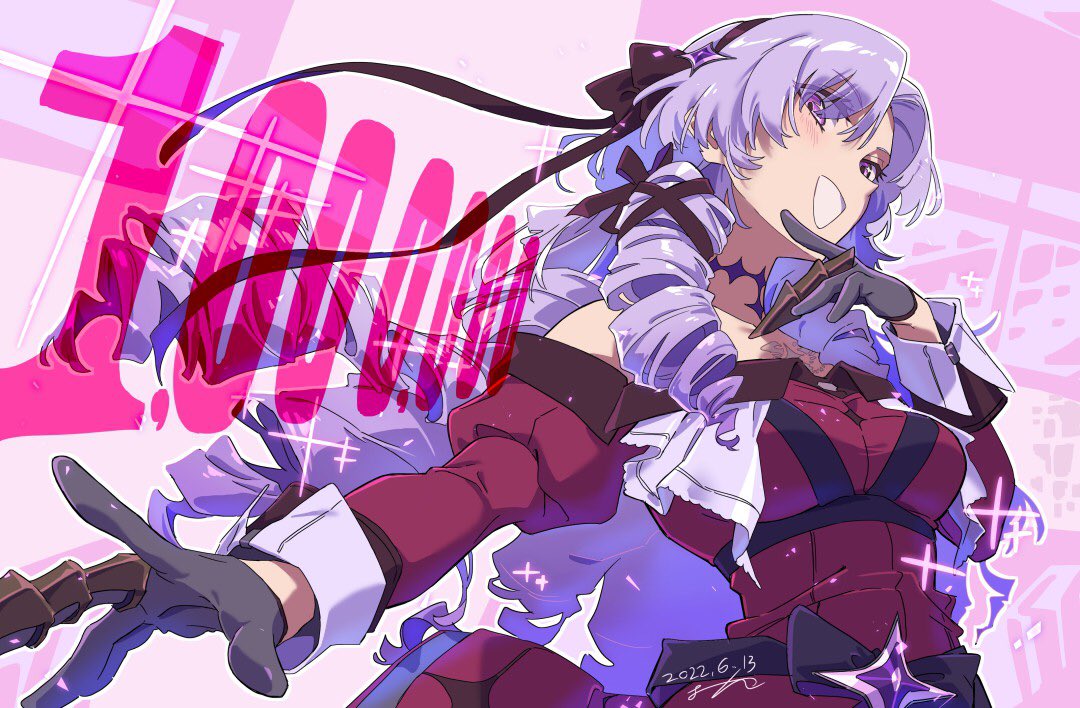 1girl :d bangs black_gloves black_ribbon blush breasts claw_ring commentary dated dress drill_hair eyebrows_visible_through_hair eyes_visible_through_hair from_side gloves hair_between_eyes hair_ribbon half_gloves hyakumantenbara_salome light_purple_hair long_hair long_sleeves looking_at_viewer looking_to_the_side medium_breasts milestone_celebration nijisanji off-shoulder_dress off_shoulder ontama open_mouth outstretched_arm parted_bangs pink_background puffy_long_sleeves puffy_sleeves purple_dress ribbon signature smile solo sparkle upper_body violet_eyes virtual_youtuber