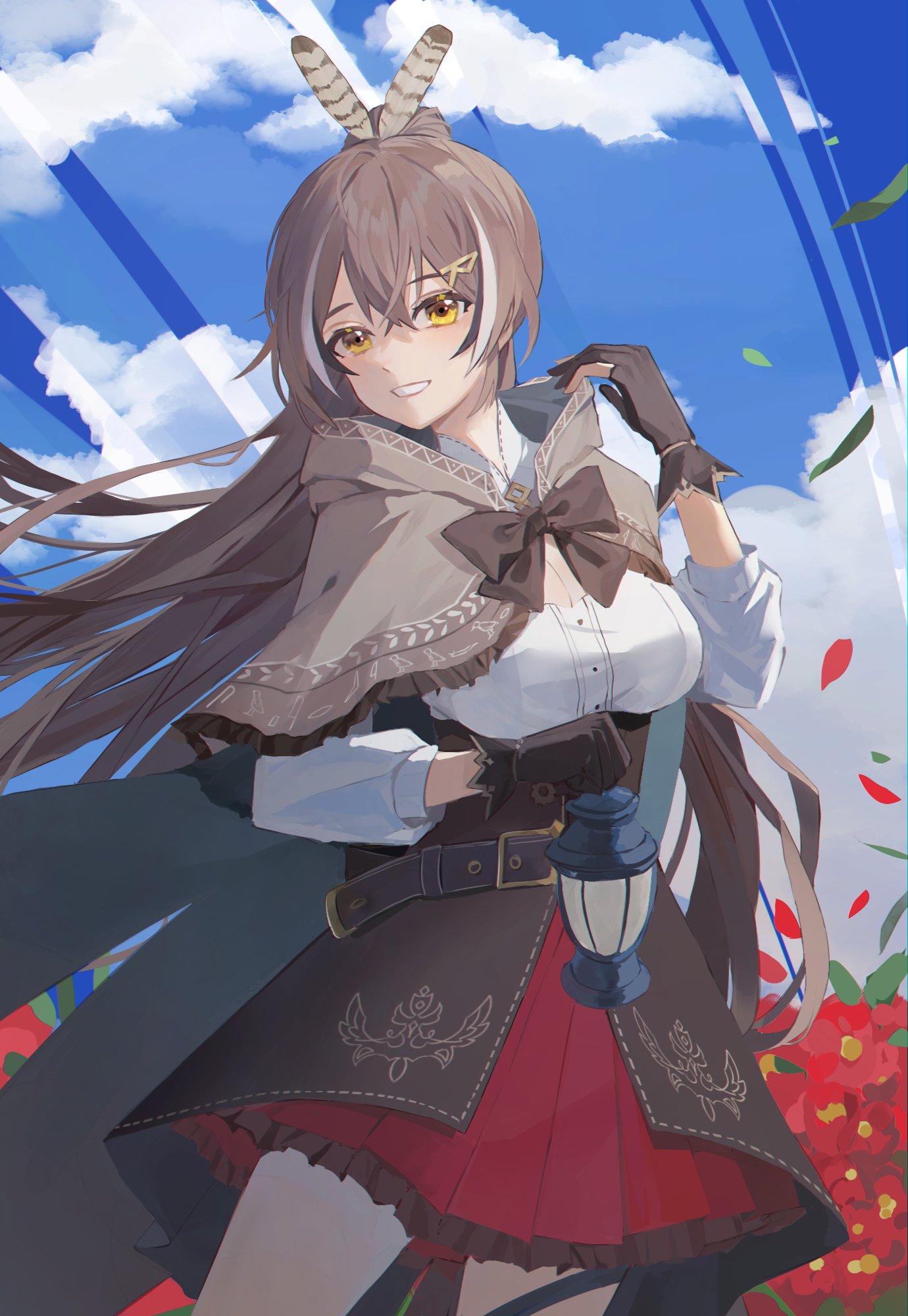1girl ahoge bangs belt breasts brown_capelet brown_cloak brown_corset brown_hair cape capelet cjsdh1000 cloak clouds cloudy_sky corset falling_petals feather_hair_ornament feathers flower gloves hair_ornament hairclip hieroglyphics highres hololive hololive_english lantern long_hair looking_at_viewer medium_breasts multicolored_hair nanashi_mumei partially_fingerless_gloves petals pleated_skirt ponytail red_flower red_skirt ribbon shirt skirt sky streaked_hair thigh_strap very_long_hair virtual_youtuber white_shirt yellow_eyes