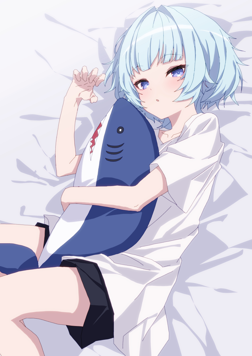1girl bangs bed_sheet black_shorts blue_eyes blue_hair claw_pose collarbone commentary_request eyebrows_visible_through_hair feet_out_of_frame hair_intakes hand_up highres looking_at_viewer lying object_hug on_side original oueo parted_lips shirt short_hair short_shorts short_sleeves shorts solo stuffed_animal stuffed_shark stuffed_toy white_shirt